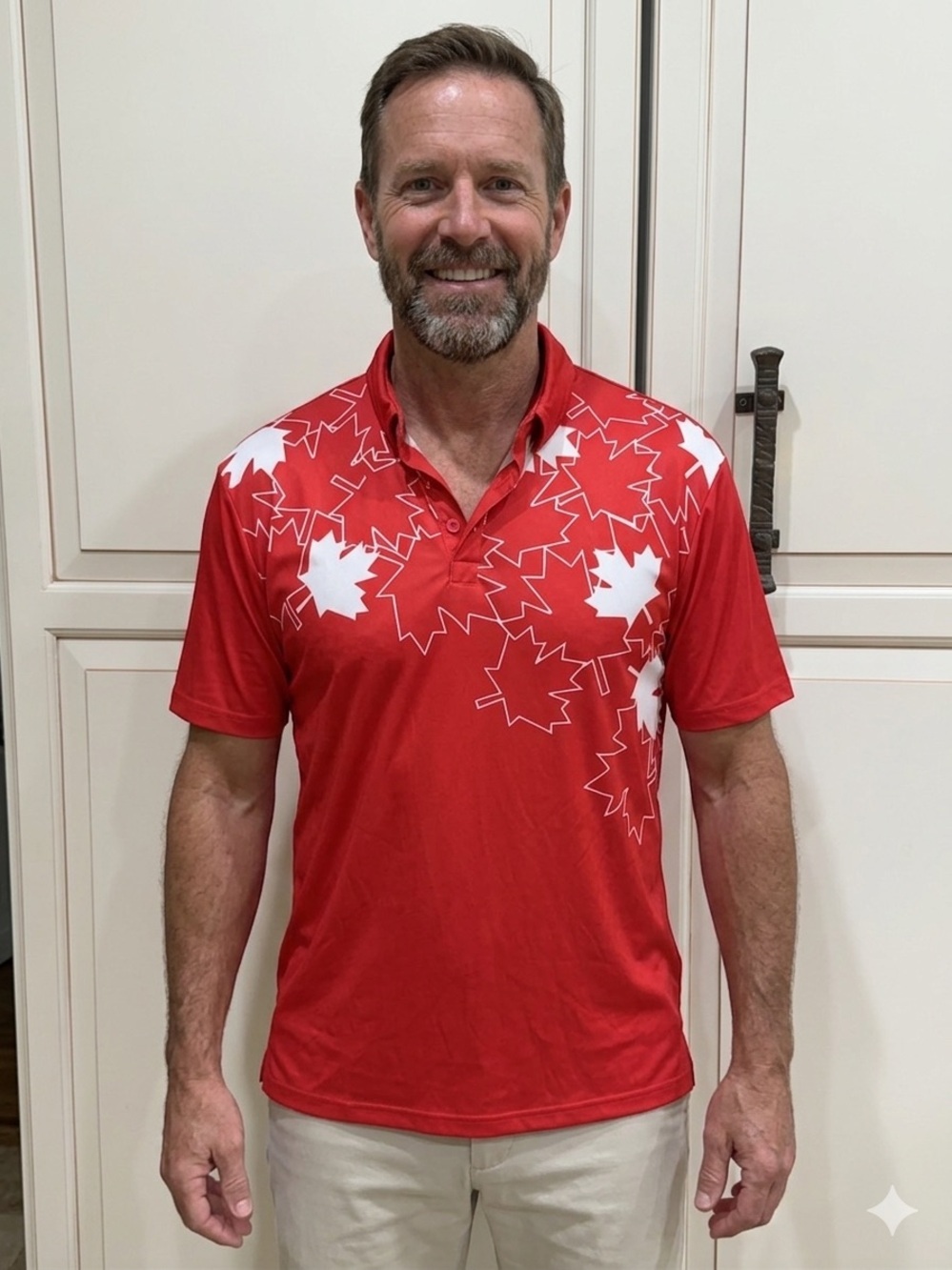 Rare Loudmouth Oh Canada Men’s Red Maple-Print Golf Polo (M7)